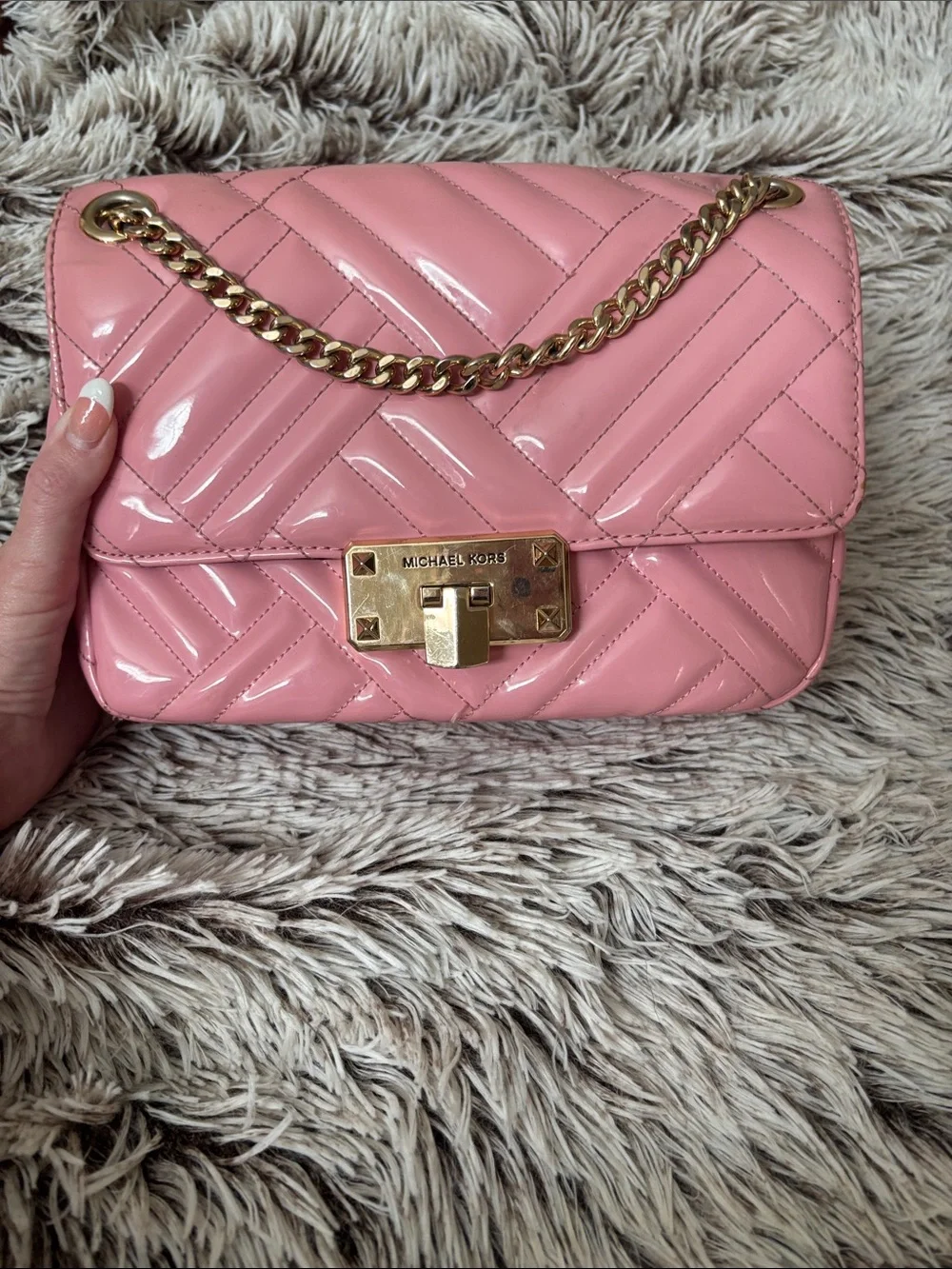 Michael Kors Pink Patent Quilted Chain Shoulder Bag
